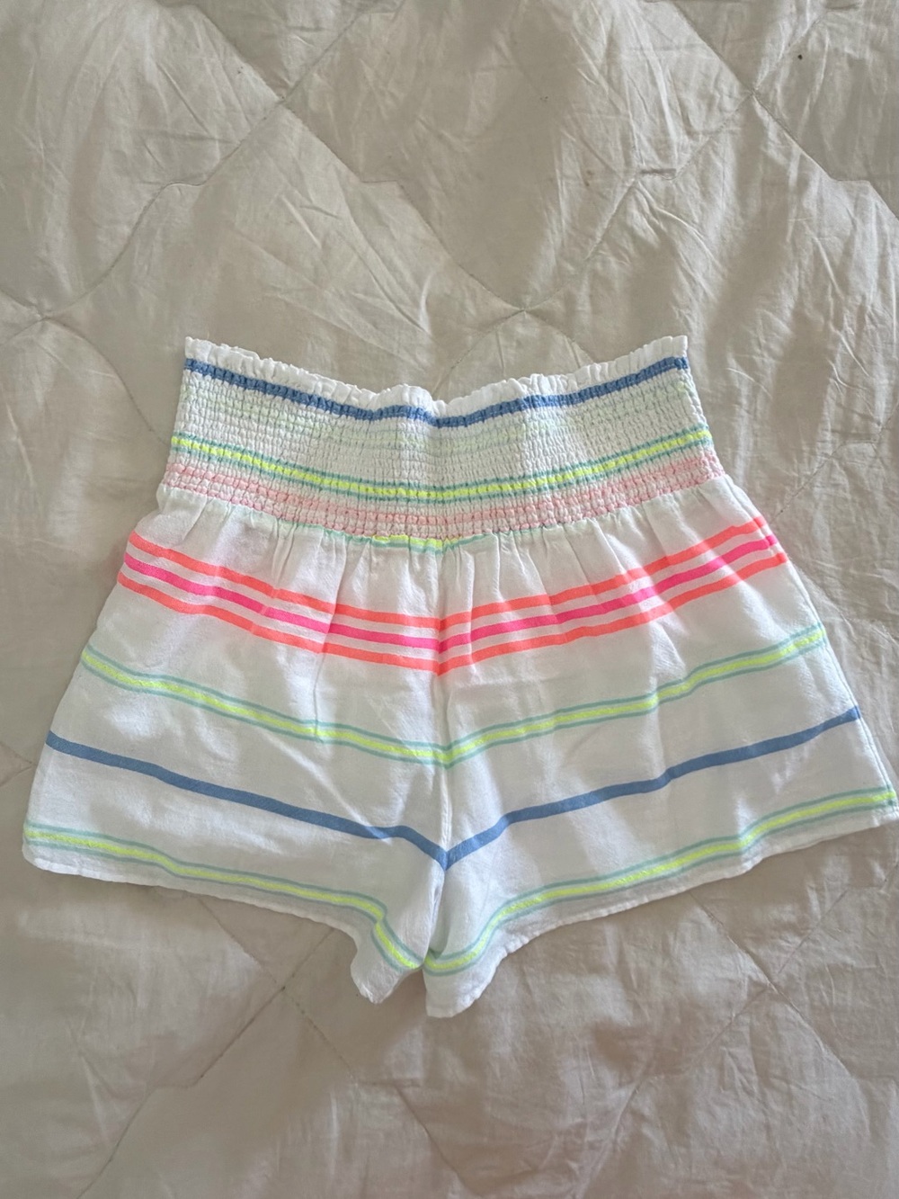 Vineyard Vines White Linen Smocked Shorts with Neon Stripes